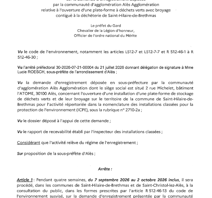 ARRETE n° 2026 – 27 du 14 août 2026 portant ouverture d&rsquo;une consultation du public – Ouverture d&rsquo;une plate-forme à déchets verts avec broyage