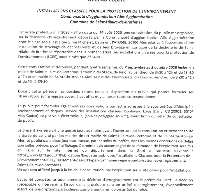 AVIS PORTANT CONSULTATION DU PUBLIC – INSTALLATIONS CLASSEES POUR LA PROTECTION DE L&rsquo;ENVIRONNEMENT – INSTALLATION DE STOCKAGE DE DECHETS VERTS ET DE LEUR BROYAGE