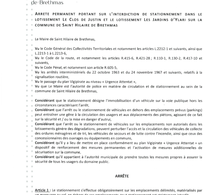 AP_permanent 2026_03 portant interdiction de stationnement dans les lotissments Le Clos de Justin et Ylari sur Saint Hilaire de Brethmas