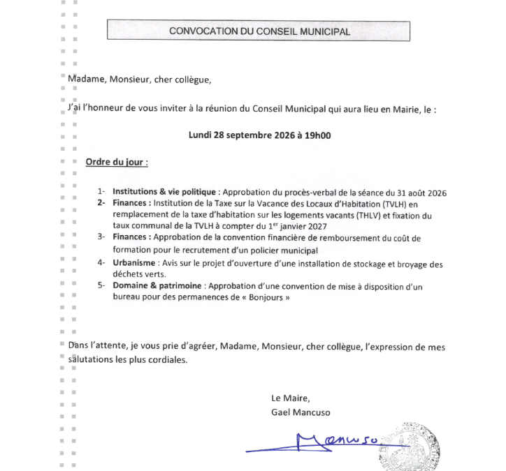 Convocation du conseil municipal du 28/09/2026