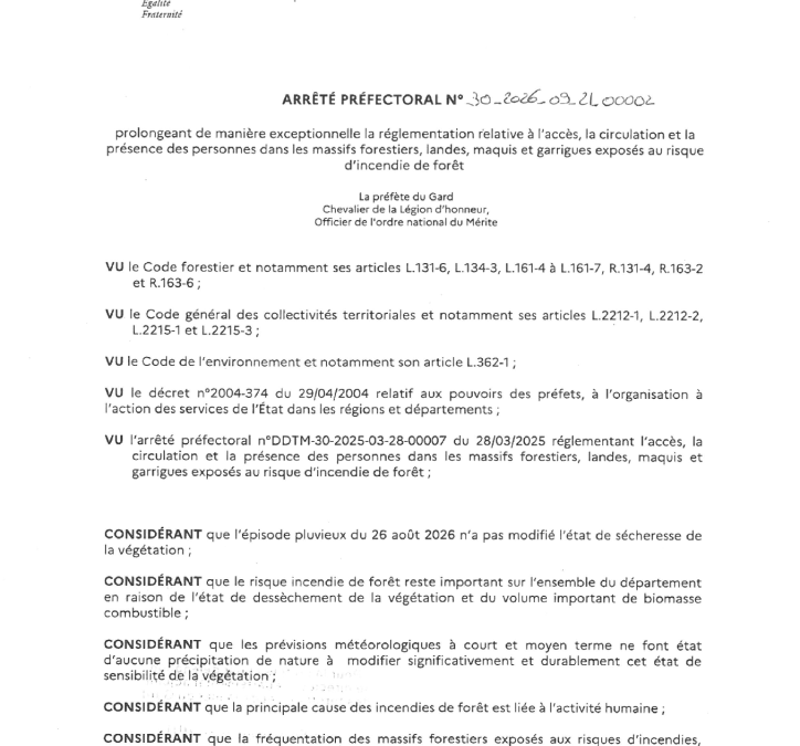 Arrêté préfectoral n°30-2026-09-21-00002 prolongeant de manière exceptionnelle la réglementation relative à l&rsquo;accès, la circulation et la présence des personnes dans les massifs forestiers, landes, maquis et garrigues exposés au risque d&rsquo;incendie de forêt